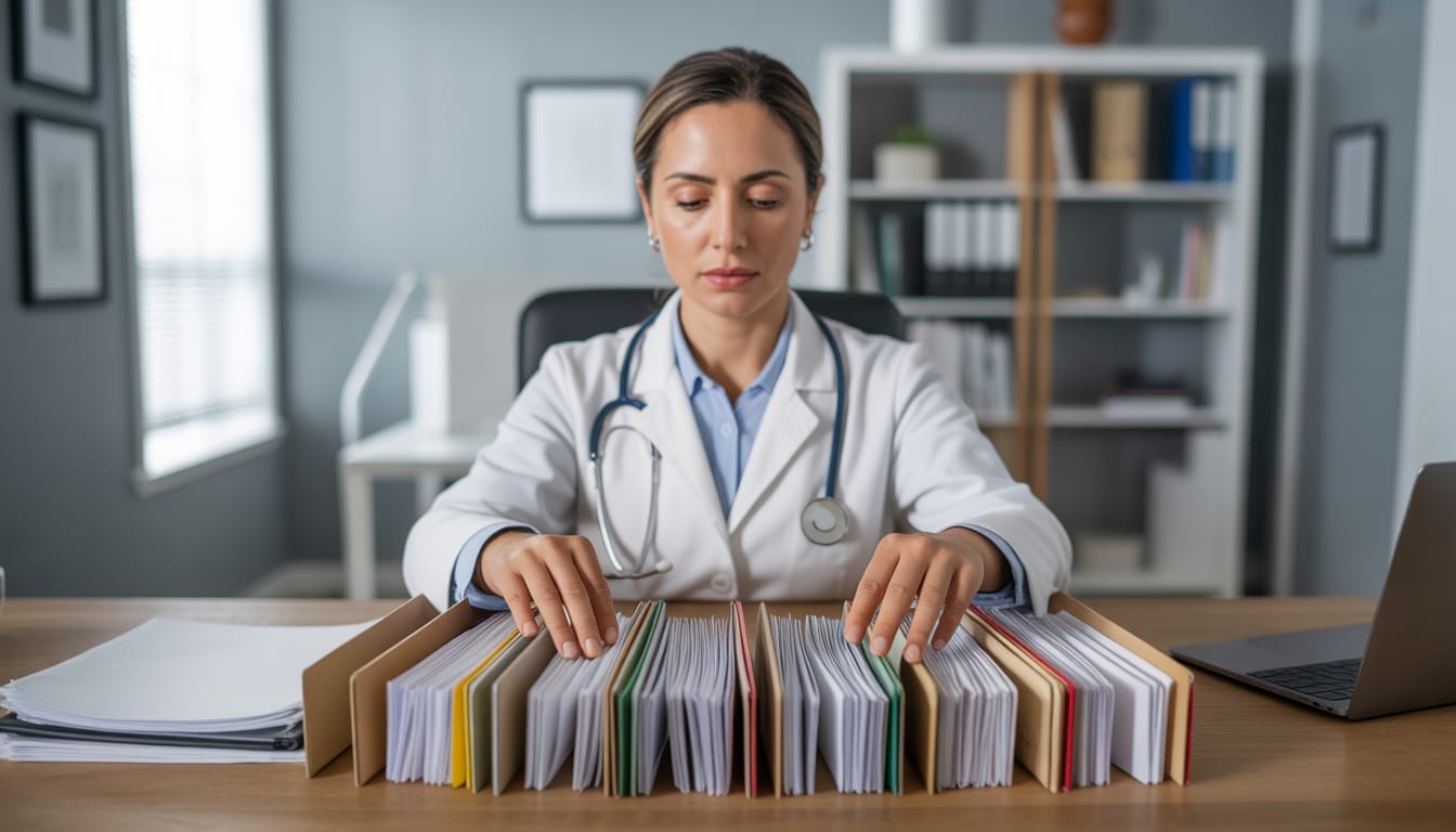 A organização documental correta pode reduzir anos de desgaste profissional 1 Médico organizando documentos para reconhecimento do diploma em Portugal